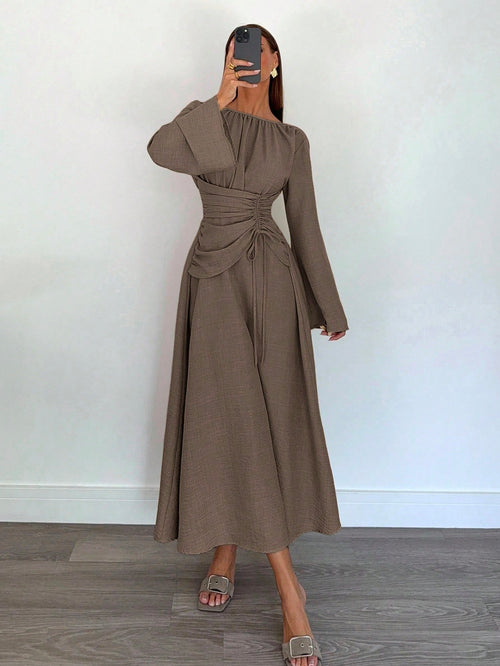 Siren Gaze Women's Brown Round Neck Bell Sleeve Elegant Dress,Autumn Striped Ruched Waist Tie Dining Outfit,Business Casual Wedding Guest Party Dress