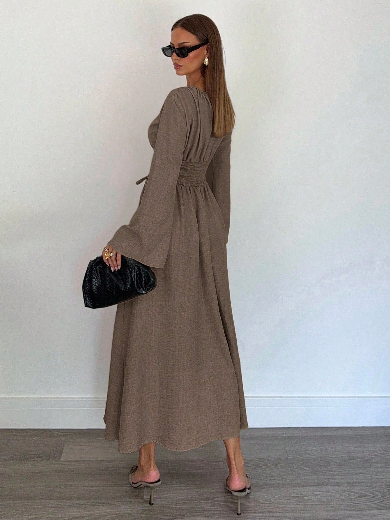 Siren Gaze Women's Brown Round Neck Bell Sleeve Elegant Dress,Autumn Striped Ruched Waist Tie Dining Outfit,Business Casual Wedding Guest Party Dress