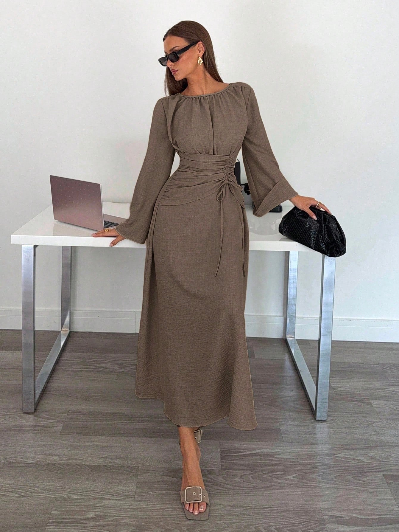 Siren Gaze Women's Brown Round Neck Bell Sleeve Elegant Dress,Autumn Striped Ruched Waist Tie Dining Outfit,Business Casual Wedding Guest Party Dress