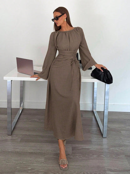 Siren Gaze Women's Brown Round Neck Bell Sleeve Elegant Dress,Autumn Striped Ruched Waist Tie Dining Outfit,Business Casual Wedding Guest Party Dress