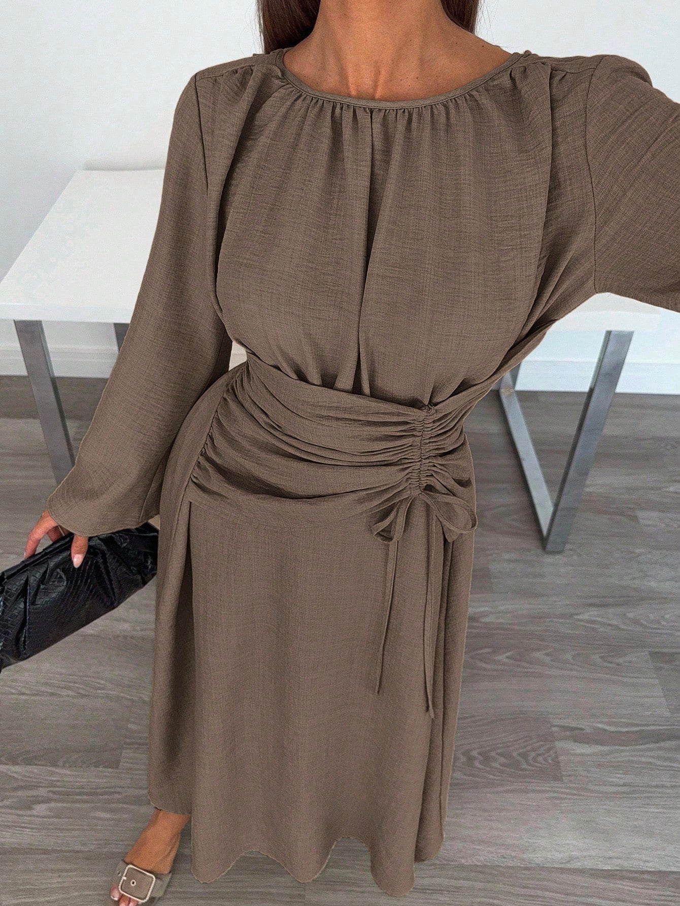 Siren Gaze Women's Brown Round Neck Bell Sleeve Elegant Dress,Autumn Striped Ruched Waist Tie Dining Outfit,Business Casual Wedding Guest Party Dress