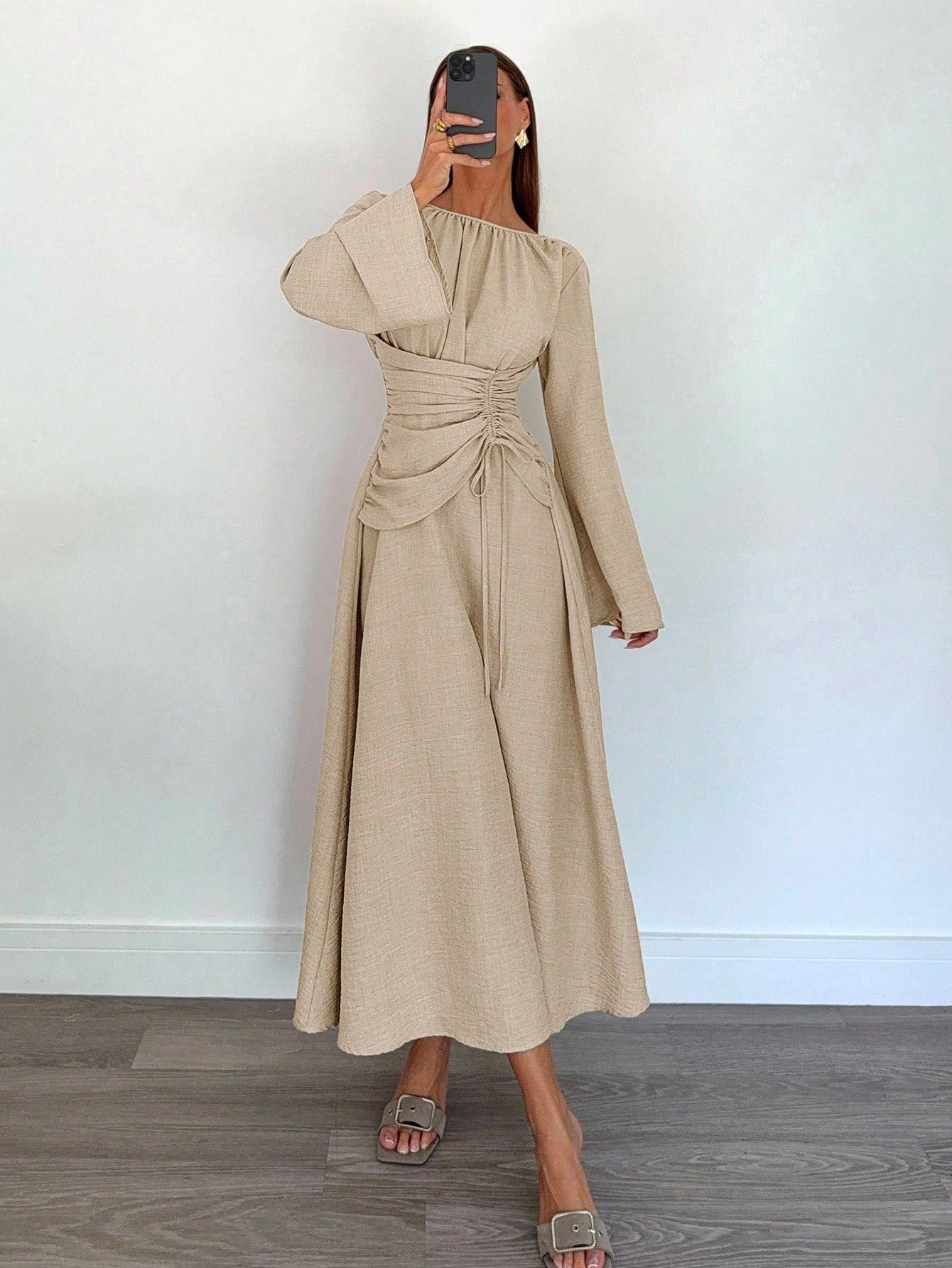 Siren Gaze Women's Brown Round Neck Bell Sleeve Elegant Dress,Autumn Striped Ruched Waist Tie Dining Outfit,Business Casual Wedding Guest Party Dress