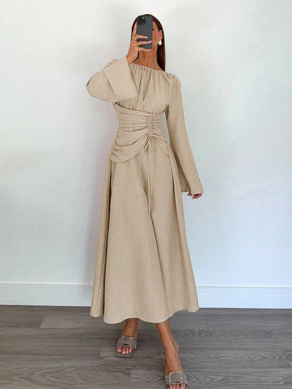 Siren Gaze Women's Brown Round Neck Bell Sleeve Elegant Dress,Autumn Striped Ruched Waist Tie Dining Outfit,Business Casual Wedding Guest Party Dress