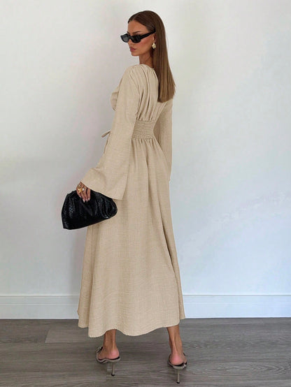 Siren Gaze Women's Brown Round Neck Bell Sleeve Elegant Dress,Autumn Striped Ruched Waist Tie Dining Outfit,Business Casual Wedding Guest Party Dress