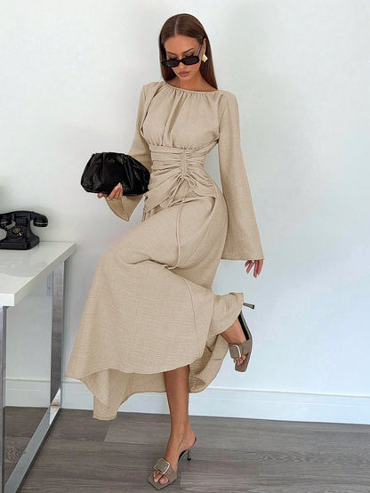 Siren Gaze Women's Brown Round Neck Bell Sleeve Elegant Dress,Autumn Striped Ruched Waist Tie Dining Outfit,Business Casual Wedding Guest Party Dress