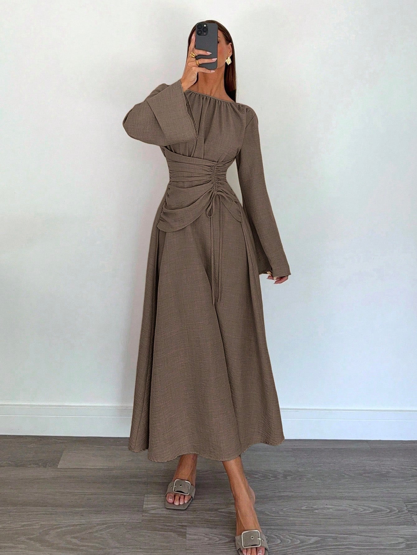 Siren Gaze Women's Brown Round Neck Bell Sleeve Elegant Dress,Autumn Striped Ruched Waist Tie Dining Outfit,Business Casual Wedding Guest Party Dress
