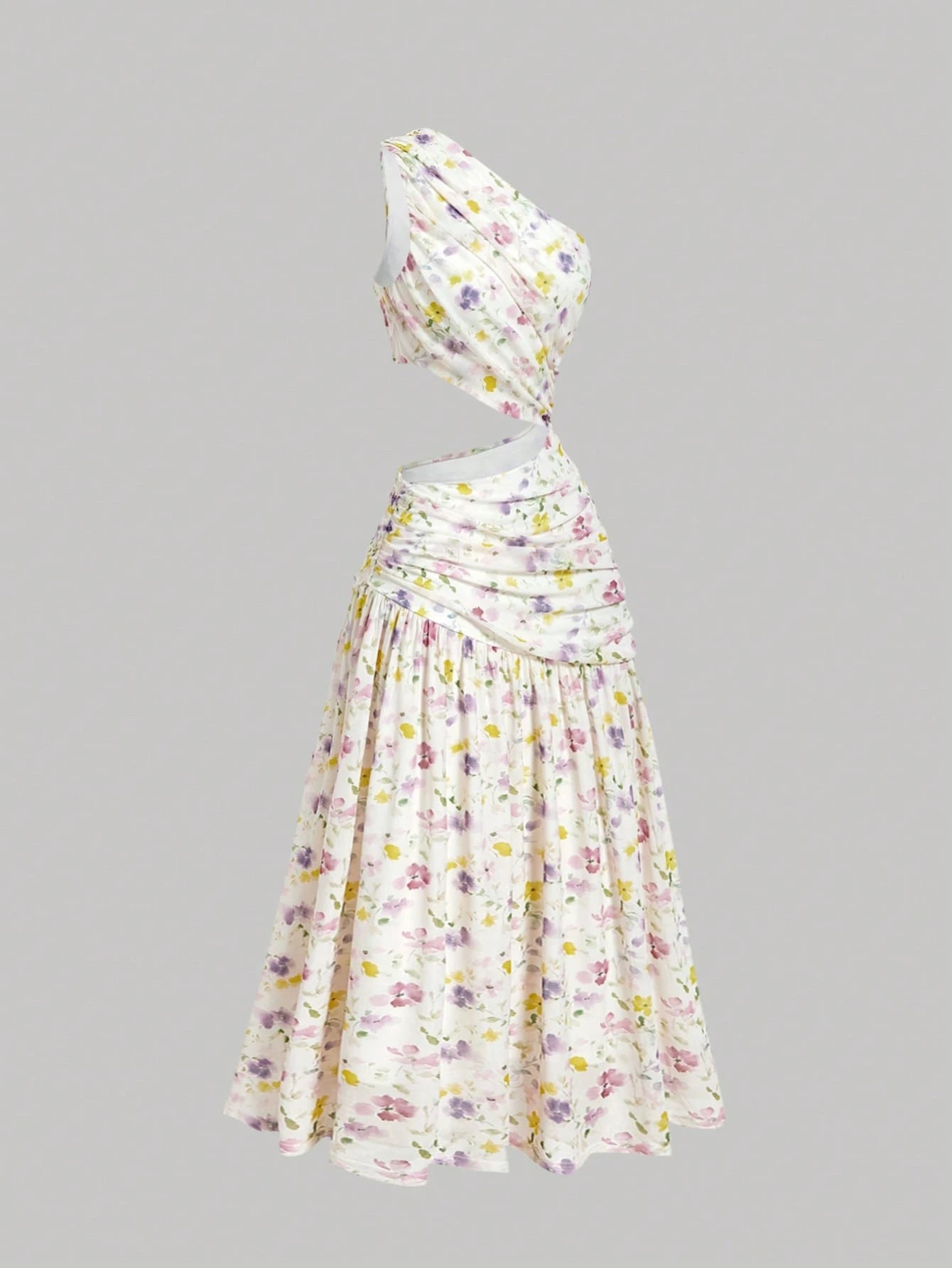 Skyraze White Floral Summer Casual Holiday Party Vacation Picnic Asymmetric Shoulder Tie Bow Long Dress, Wedding Guest Vintage French Cottagecore Skirt Set