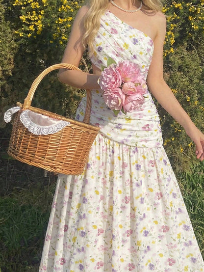 Skyraze White Floral Summer Casual Holiday Party Vacation Picnic Asymmetric Shoulder Tie Bow Long Dress, Wedding Guest Vintage French Cottagecore Skirt Set