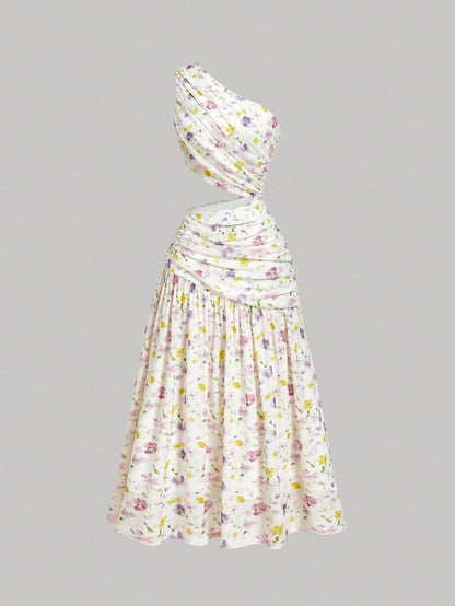 Skyraze White Floral Summer Casual Holiday Party Vacation Picnic Asymmetric Shoulder Tie Bow Long Dress, Wedding Guest Vintage French Cottagecore Skirt Set