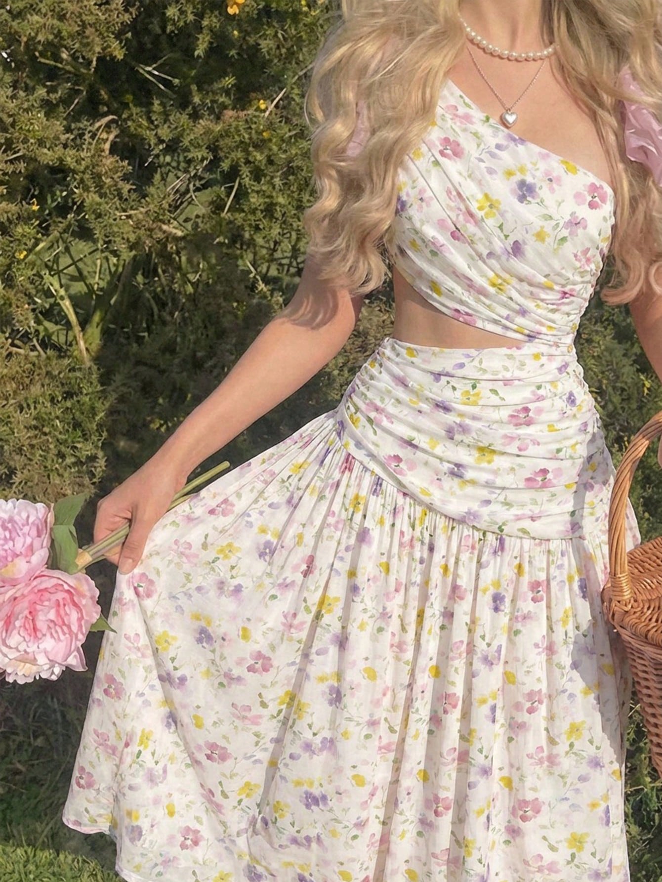 Skyraze White Floral Summer Casual Holiday Party Vacation Picnic Asymmetric Shoulder Tie Bow Long Dress, Wedding Guest Vintage French Cottagecore Skirt Set