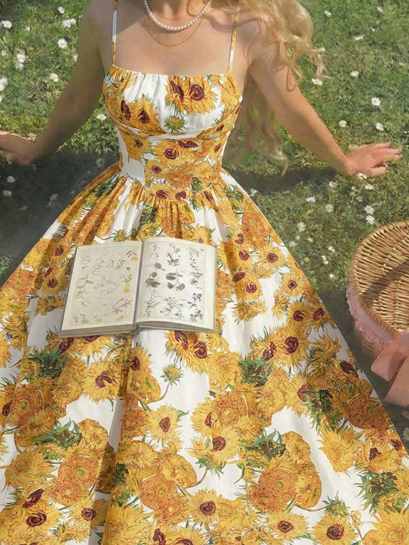 Skyraze Women's White Linen Blend Sunflower Dress, Summer Modest Cottage Fairycore Holiday Picnic Vacation, Yellow Van Gogh A-Line Sun Tea Party Tie Strap