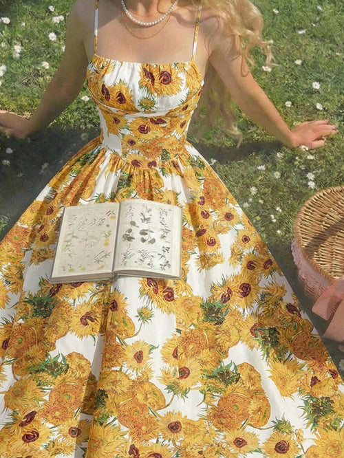 Skyraze Women's White Linen Blend Sunflower Dress, Summer Modest Cottage Fairycore Holiday Picnic Vacation, Yellow Van Gogh A-Line Sun Tea Party Tie Strap