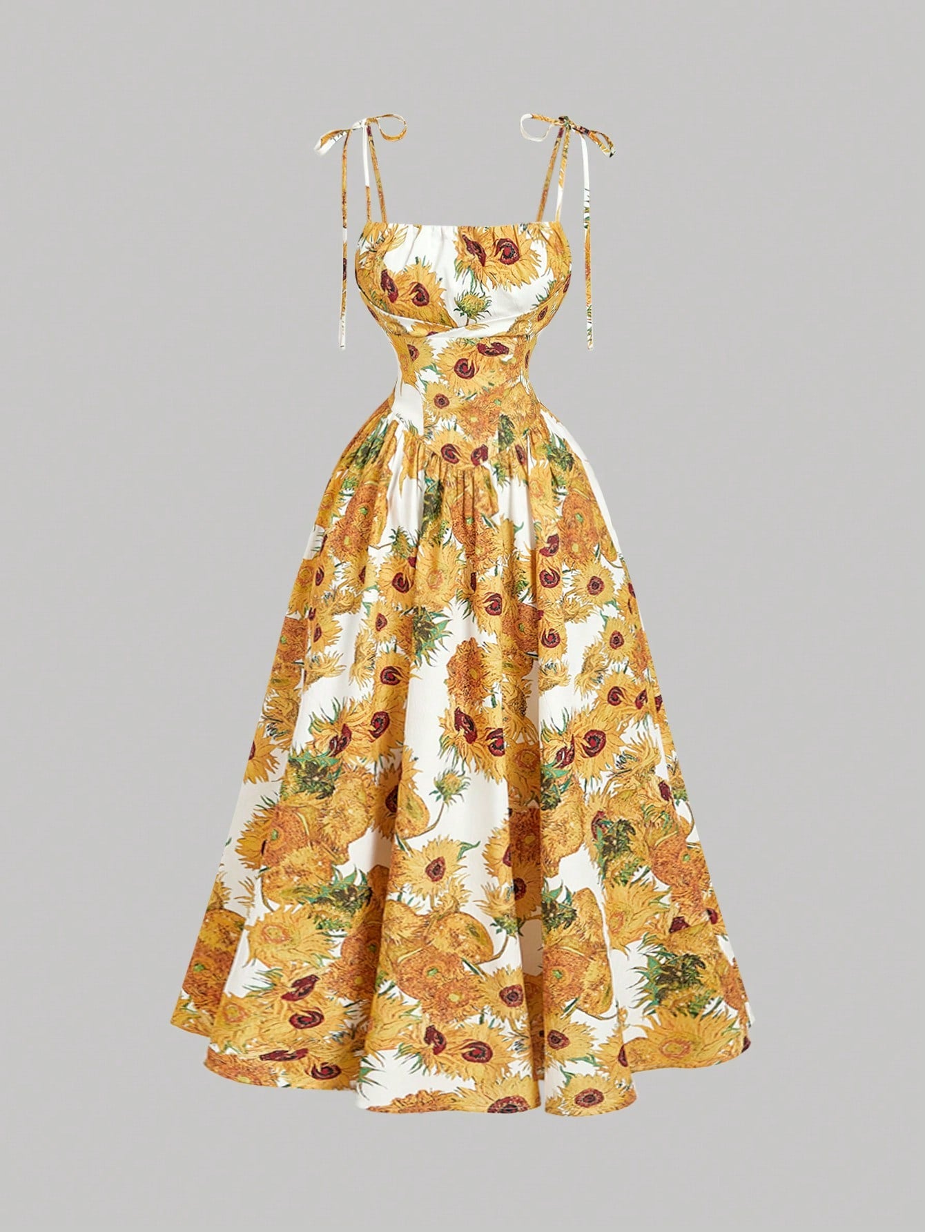 Skyraze Women's White Linen Blend Sunflower Dress, Summer Modest Cottage Fairycore Holiday Picnic Vacation, Yellow Van Gogh A-Line Sun Tea Party Tie Strap