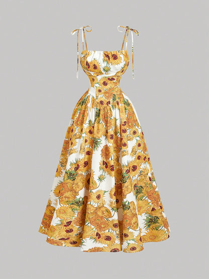 Skyraze Women's White Linen Blend Sunflower Dress, Summer Modest Cottage Fairycore Holiday Picnic Vacation, Yellow Van Gogh A-Line Sun Tea Party Tie Strap