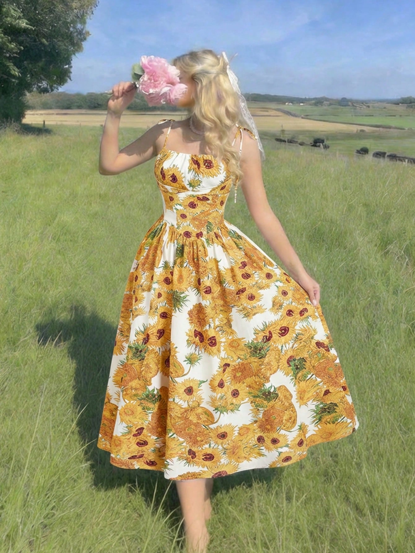 Skyraze Women's White Linen Blend Sunflower Dress, Summer Modest Cottage Fairycore Holiday Picnic Vacation, Yellow Van Gogh A-Line Sun Tea Party Tie Strap