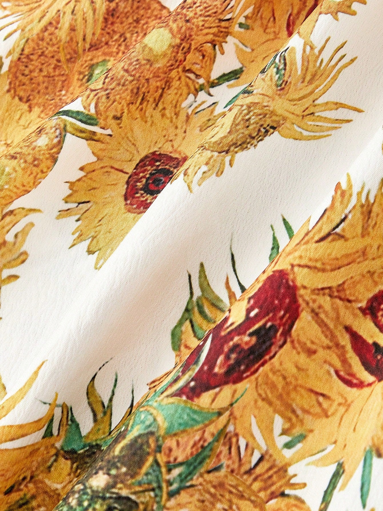 Skyraze Women's White Linen Blend Sunflower Dress, Summer Modest Cottage Fairycore Holiday Picnic Vacation, Yellow Van Gogh A-Line Sun Tea Party Tie Strap