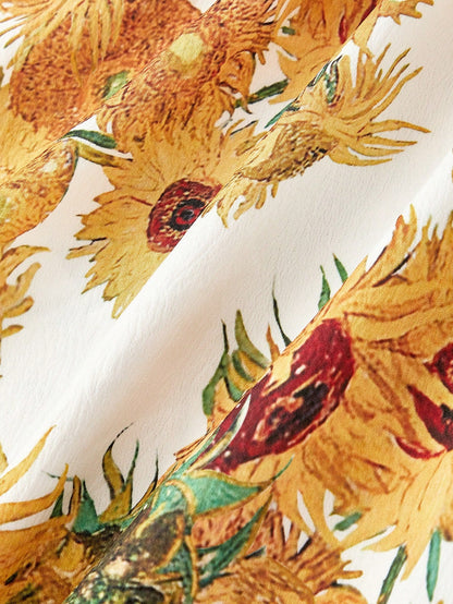 Skyraze Women's White Linen Blend Sunflower Dress, Summer Modest Cottage Fairycore Holiday Picnic Vacation, Yellow Van Gogh A-Line Sun Tea Party Tie Strap