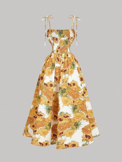 Skyraze Women's White Linen Blend Sunflower Dress, Summer Modest Cottage Fairycore Holiday Picnic Vacation, Yellow Van Gogh A-Line Sun Tea Party Tie Strap