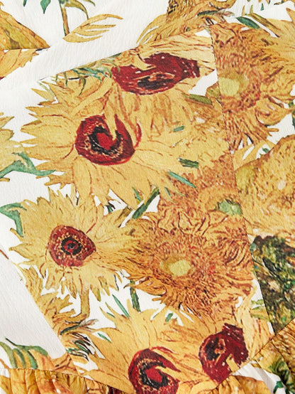 Skyraze Women's White Linen Blend Sunflower Dress, Summer Modest Cottage Fairycore Holiday Picnic Vacation, Yellow Van Gogh A-Line Sun Tea Party Tie Strap