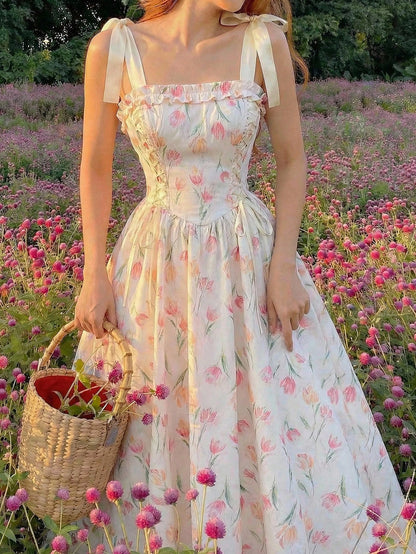 Skyraze Women White And Pink Bowknot Strap Floral Long Dress,Summer Modest Whimsical Fairycore Casual Picnic Party Graduation,Easter Wedding Guest Elegant