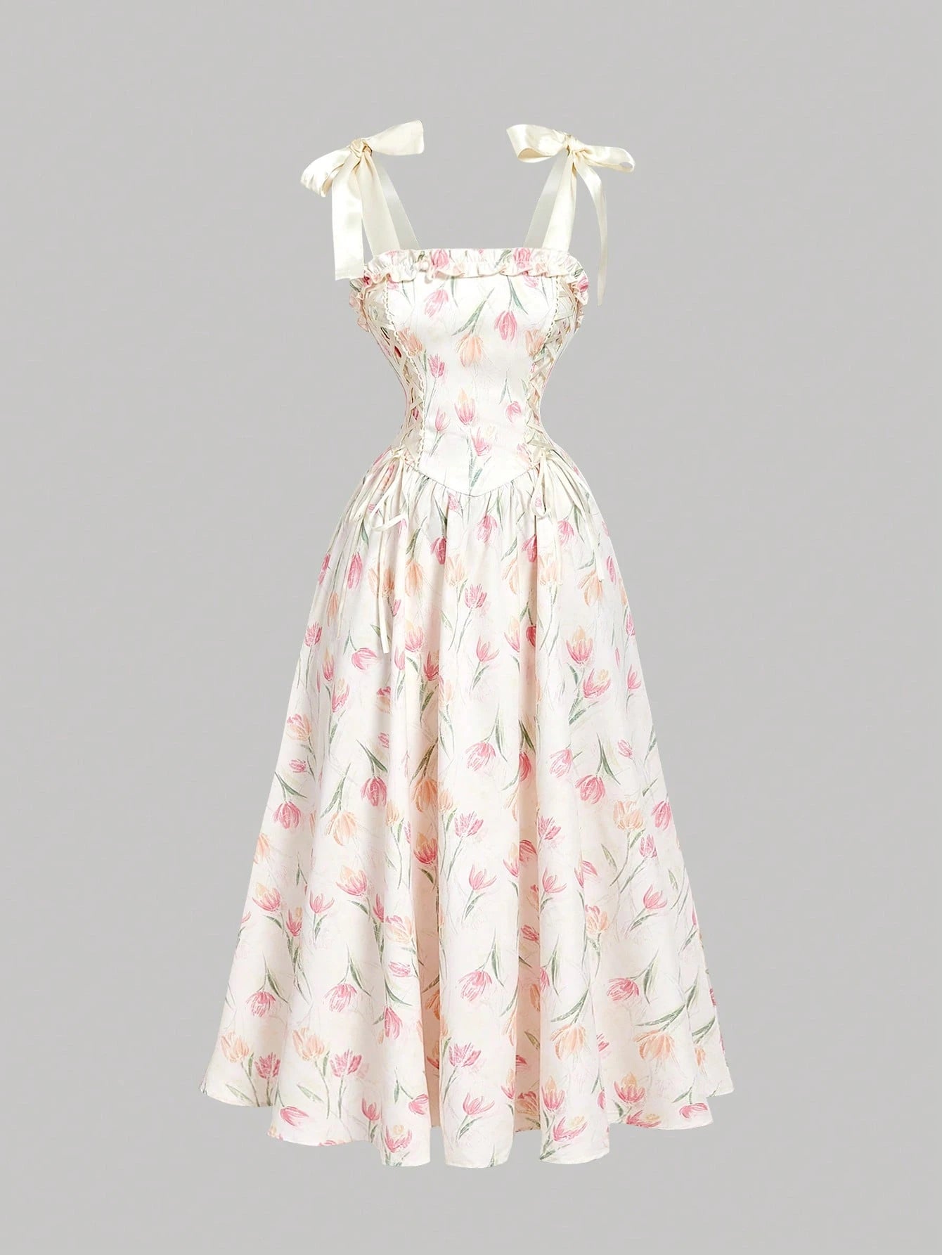Skyraze Women White And Pink Bowknot Strap Floral Long Dress,Summer Modest Whimsical Fairycore Casual Picnic Party Graduation,Easter Wedding Guest Elegant