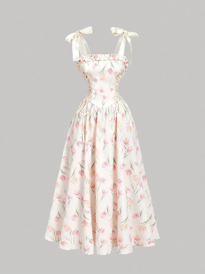 Skyraze Women White And Pink Bowknot Strap Floral Long Dress,Summer Modest Whimsical Fairycore Casual Picnic Party Graduation,Easter Wedding Guest Elegant