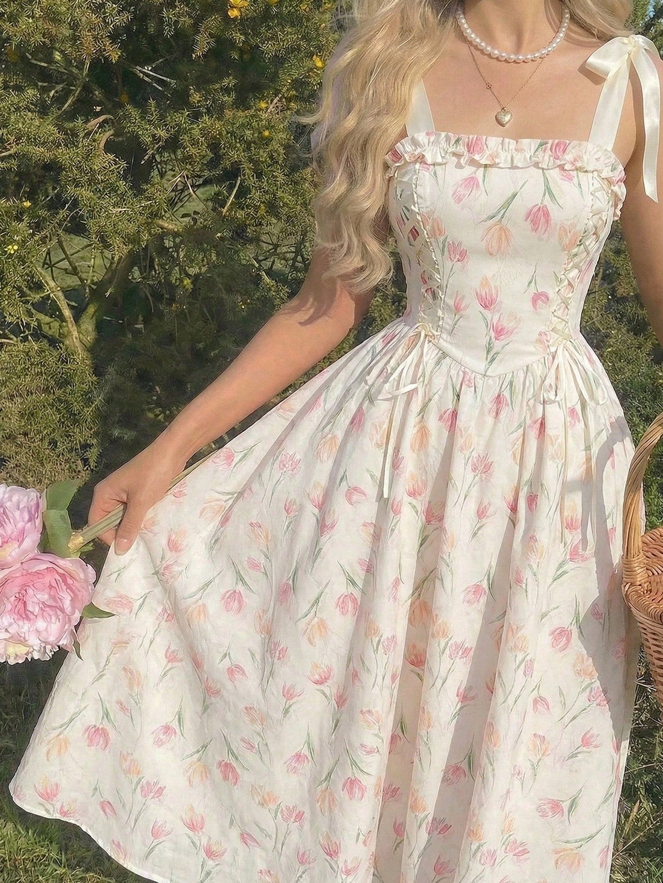 Skyraze Women White And Pink Bowknot Strap Floral Long Dress,Summer Modest Whimsical Fairycore Casual Picnic Party Graduation,Easter Wedding Guest Elegant