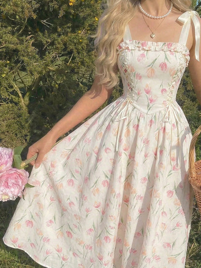 Skyraze Women White And Pink Bowknot Strap Floral Long Dress,Summer Modest Whimsical Fairycore Casual Picnic Party Graduation,Easter Wedding Guest Elegant