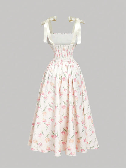Skyraze Women White And Pink Bowknot Strap Floral Long Dress,Summer Modest Whimsical Fairycore Casual Picnic Party Graduation,Easter Wedding Guest Elegant