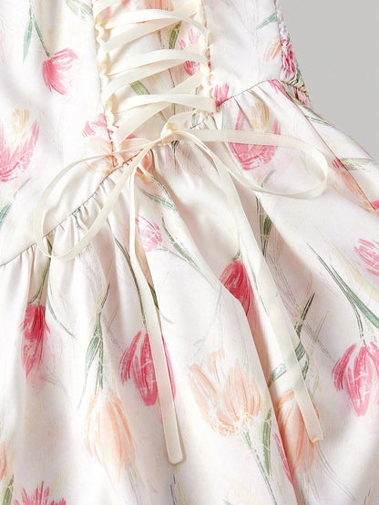 Skyraze Women White And Pink Bowknot Strap Floral Long Dress,Summer Modest Whimsical Fairycore Casual Picnic Party Graduation,Easter Wedding Guest Elegant