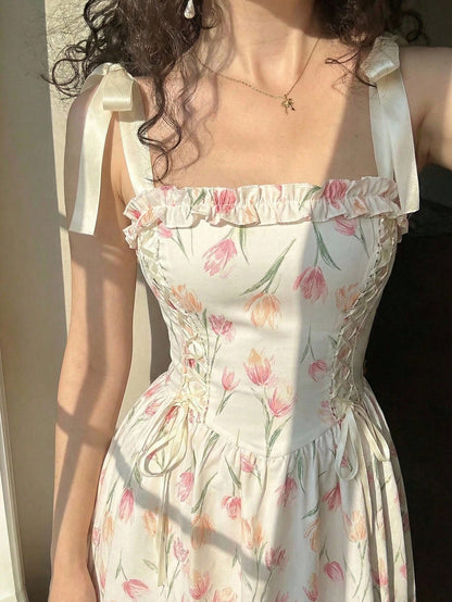 Skyraze Women White And Pink Bowknot Strap Floral Long Dress,Summer Modest Whimsical Fairycore Casual Picnic Party Graduation,Easter Wedding Guest Elegant