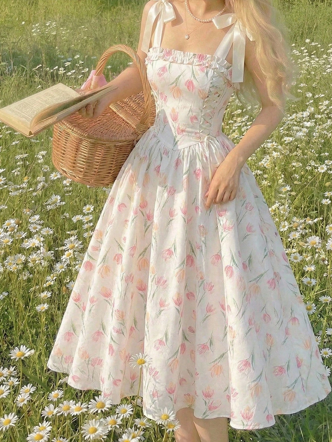 Skyraze Women White And Pink Bowknot Strap Floral Long Dress,Summer Modest Whimsical Fairycore Casual Picnic Party Graduation,Easter Wedding Guest Elegant