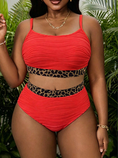Slaydiva 2026 Latest Fashion Casual Curve Sexy Vacation White Beach Outfit, Plus Size Women Leopard Print Patchwork Bikini Set Summer