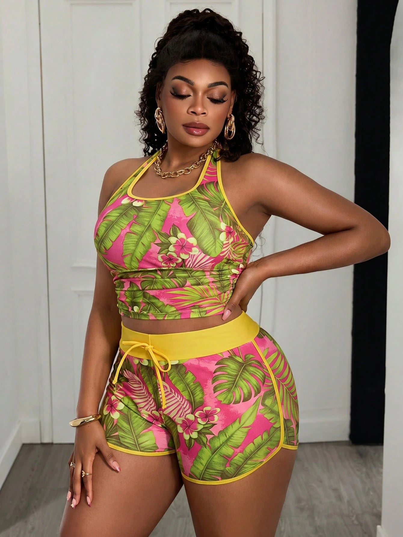 Slaydiva 2026 New Colorful Tropical Plant Print Beach Vacation Tankini Top, Plus Size Summer Outfit