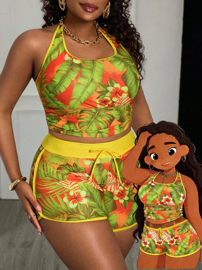 Slaydiva 2026 New Colorful Tropical Plant Print Beach Vacation Tankini Top, Plus Size Summer Outfit
