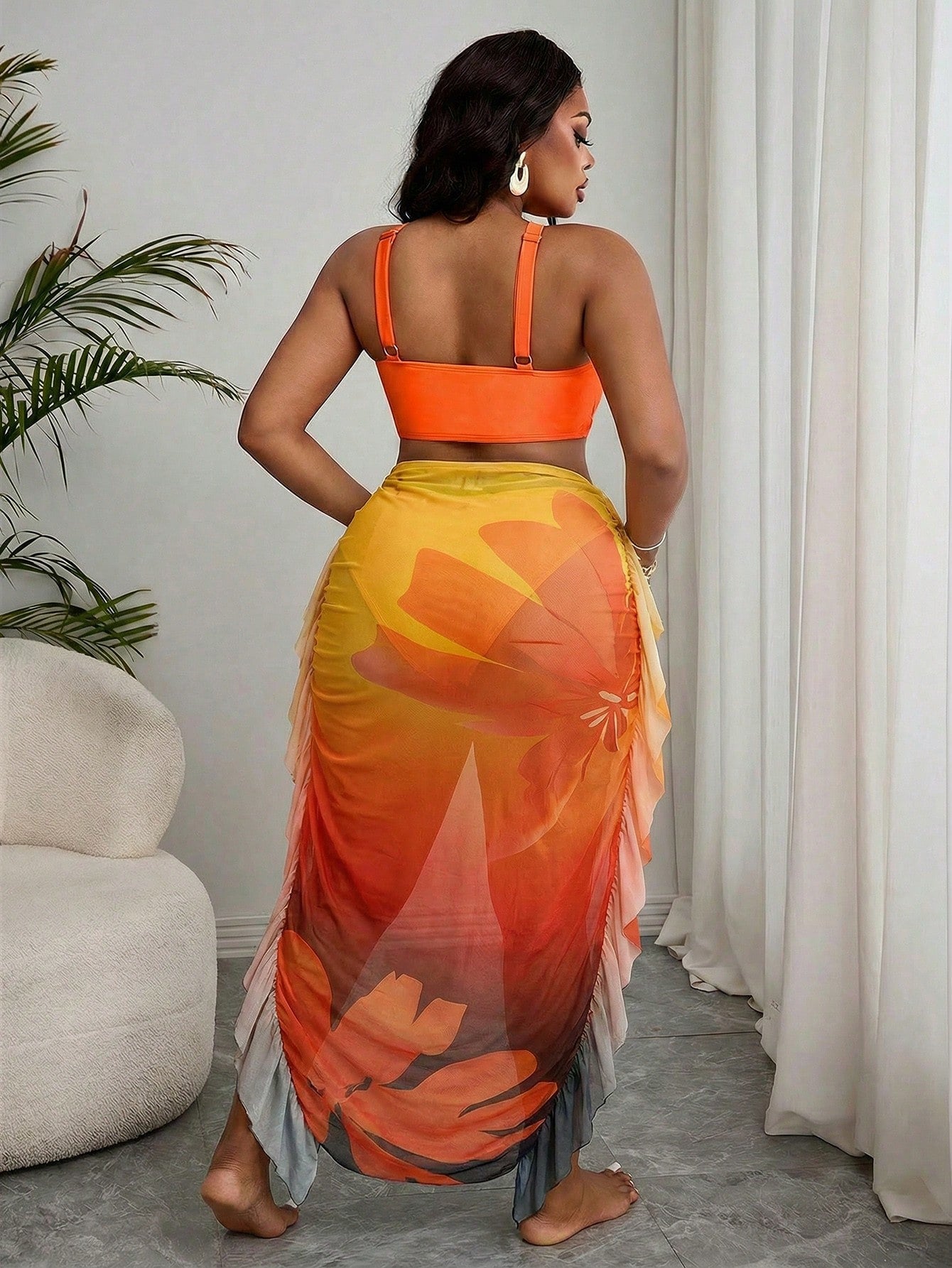 Slaydiva 2026 New Plus Size Ombre Two Pieces Bikini And Ruffle Cover-Up Skirt Set, Suitable For Summer Beach Vacation