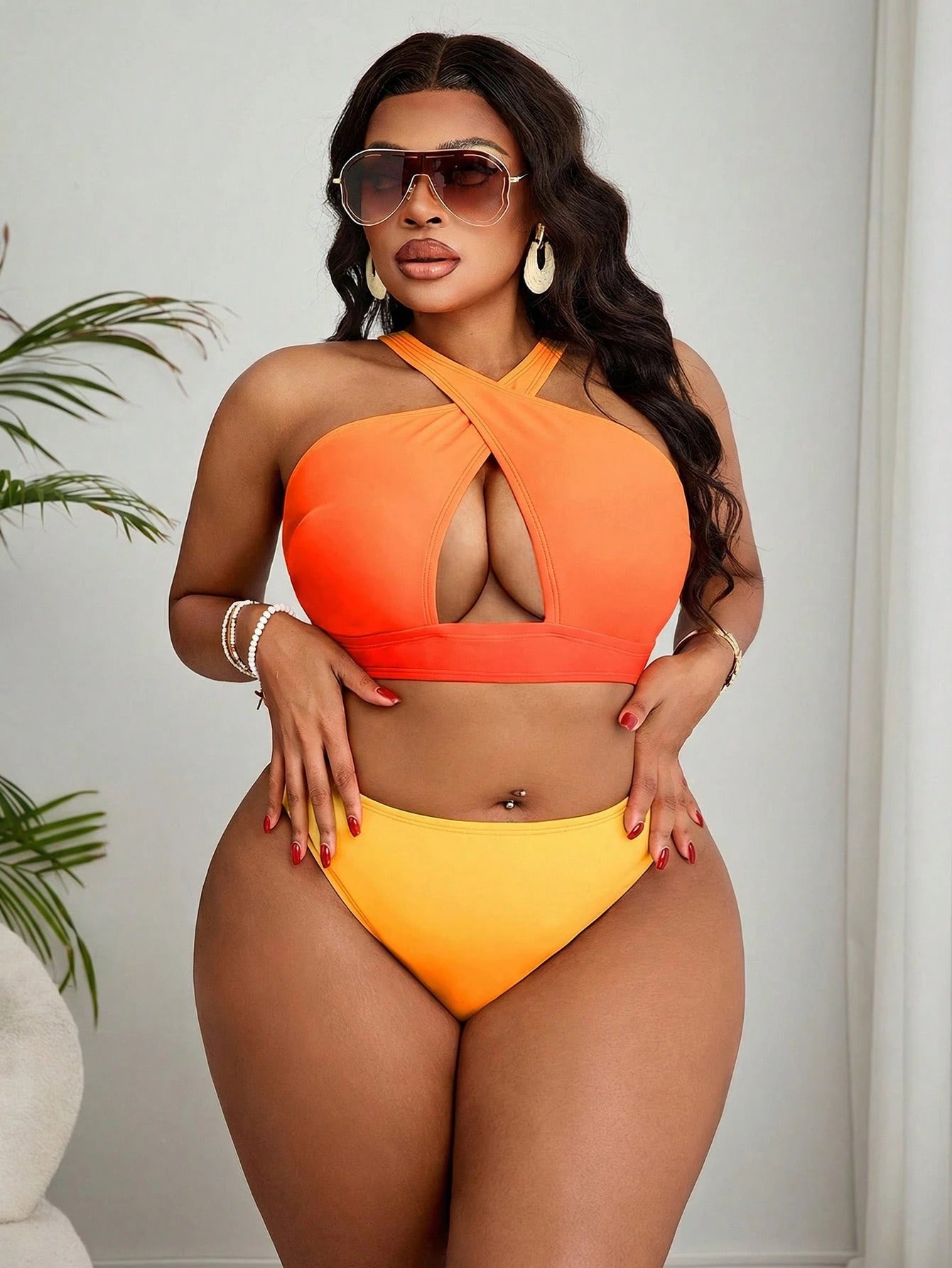 Slaydiva 2026 New Plus Size Ombre Two Pieces Bikini And Ruffle Cover-Up Skirt Set, Suitable For Summer Beach Vacation