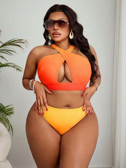 Slaydiva 2026 New Plus Size Ombre Two Pieces Bikini And Ruffle Cover-Up Skirt Set, Suitable For Summer Beach Vacation