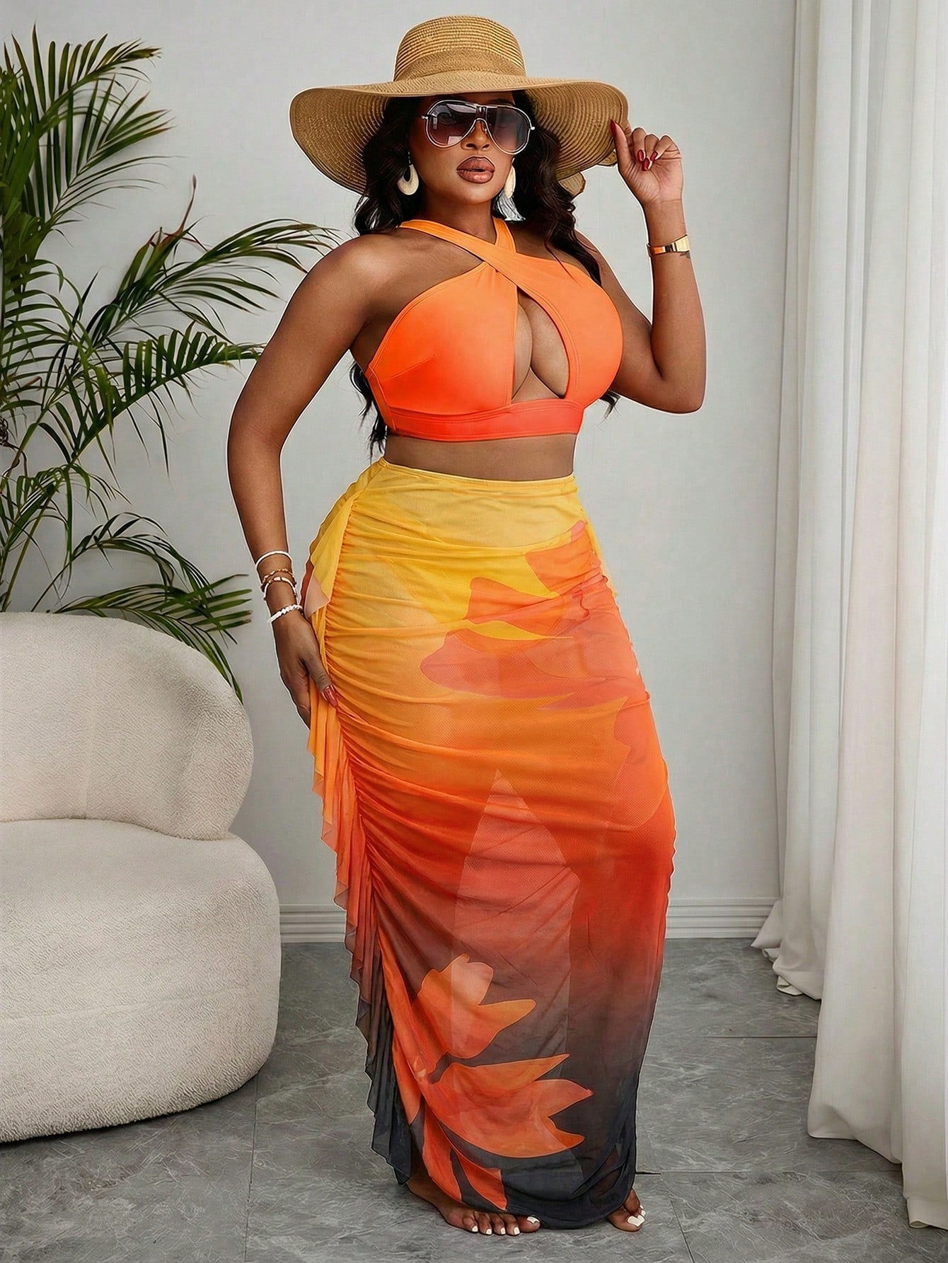 Slaydiva 2026 New Plus Size Ombre Two Pieces Bikini And Ruffle Cover-Up Skirt Set, Suitable For Summer Beach Vacation