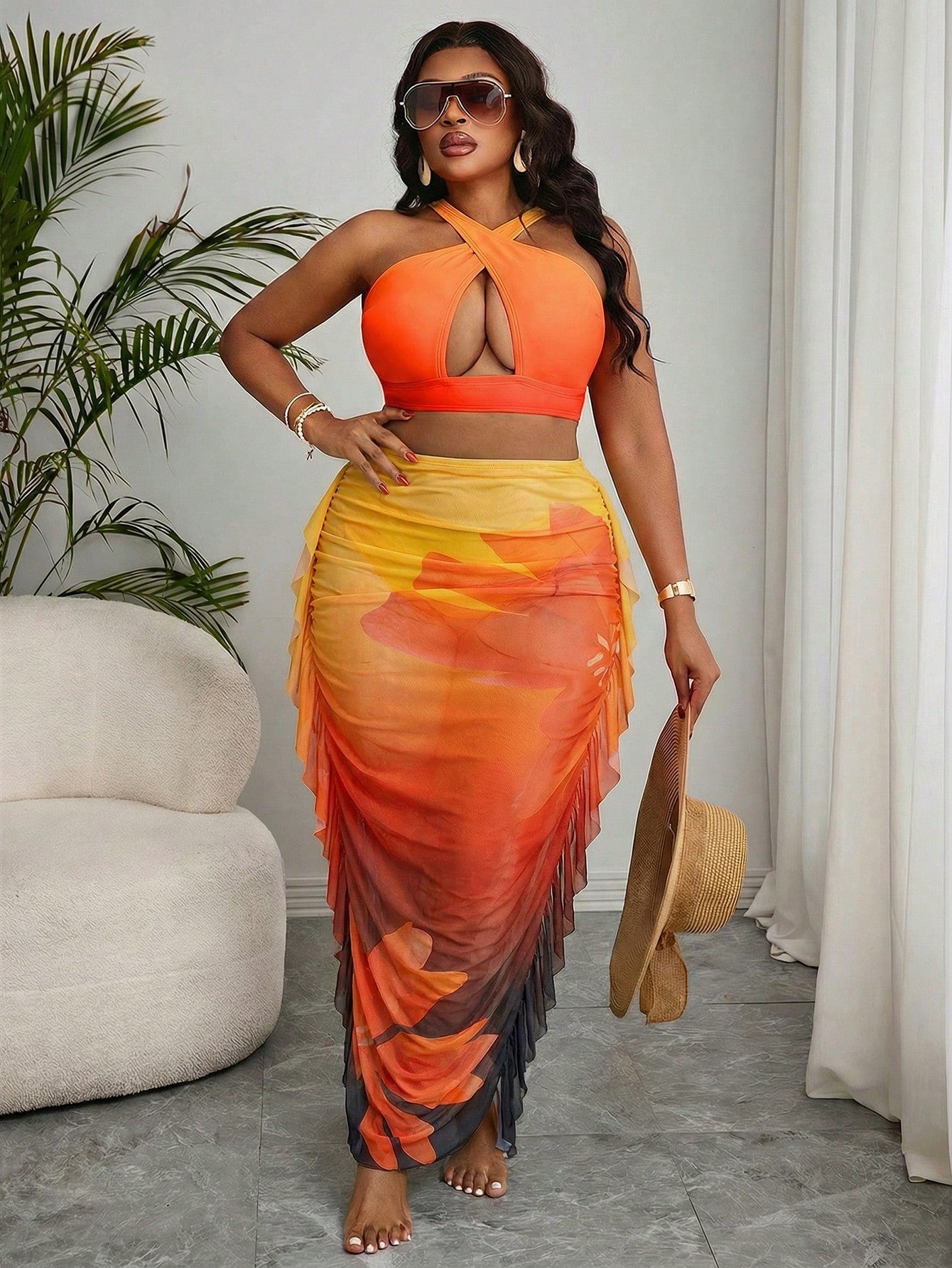 Slaydiva 2026 New Plus Size Ombre Two Pieces Bikini And Ruffle Cover-Up Skirt Set, Suitable For Summer Beach Vacation