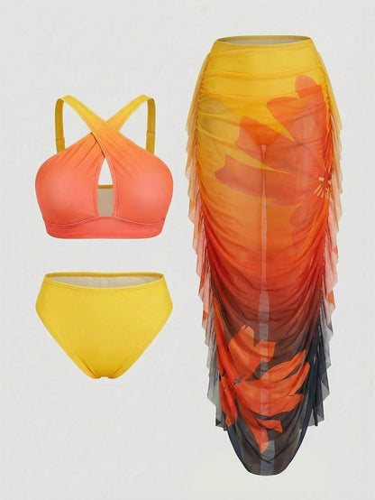Slaydiva 2026 New Plus Size Ombre Two Pieces Bikini And Ruffle Cover-Up Skirt Set, Suitable For Summer Beach Vacation