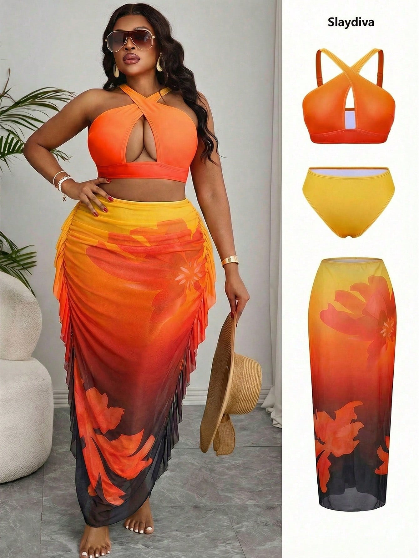 Slaydiva 2026 New Plus Size Ombre Two Pieces Bikini And Ruffle Cover-Up Skirt Set, Suitable For Summer Beach Vacation