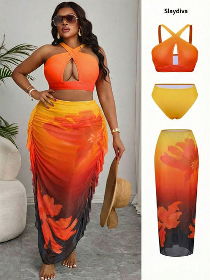 Slaydiva 2026 New Plus Size Ombre Two Pieces Bikini And Ruffle Cover-Up Skirt Set, Suitable For Summer Beach Vacation