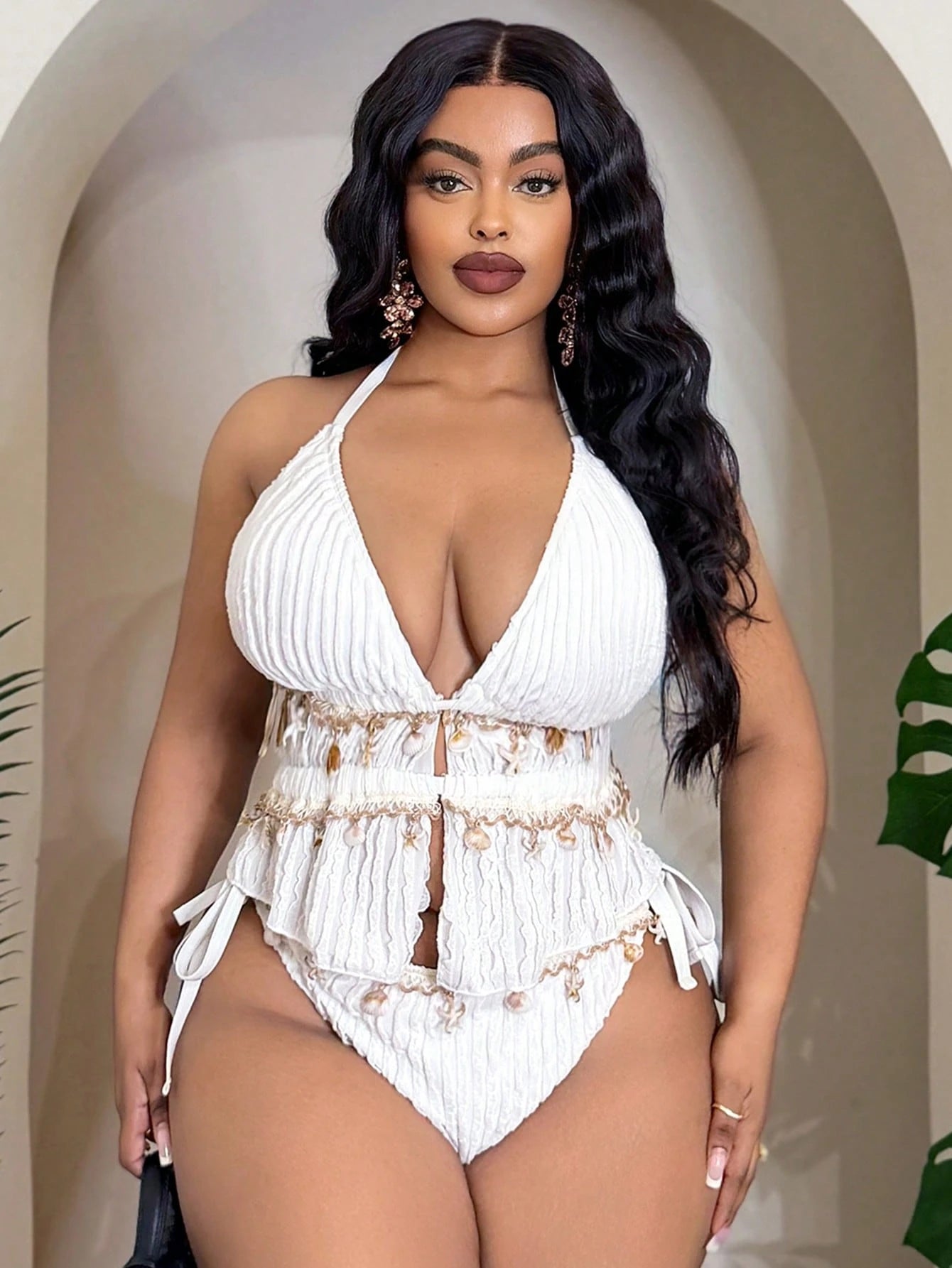 Slaydiva 2026 New Plus Size Women 2pcs/Set White Knitted Jacquard Halter Bikini,Drawstring Side Tie Triangle Bottoms Summer Beach Vacation Holiday Swimwear