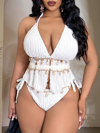 Slaydiva 2026 New Plus Size Women 2pcs/Set White Knitted Jacquard Halter Bikini,Drawstring Side Tie Triangle Bottoms Summer Beach Vacation Holiday Swimwear