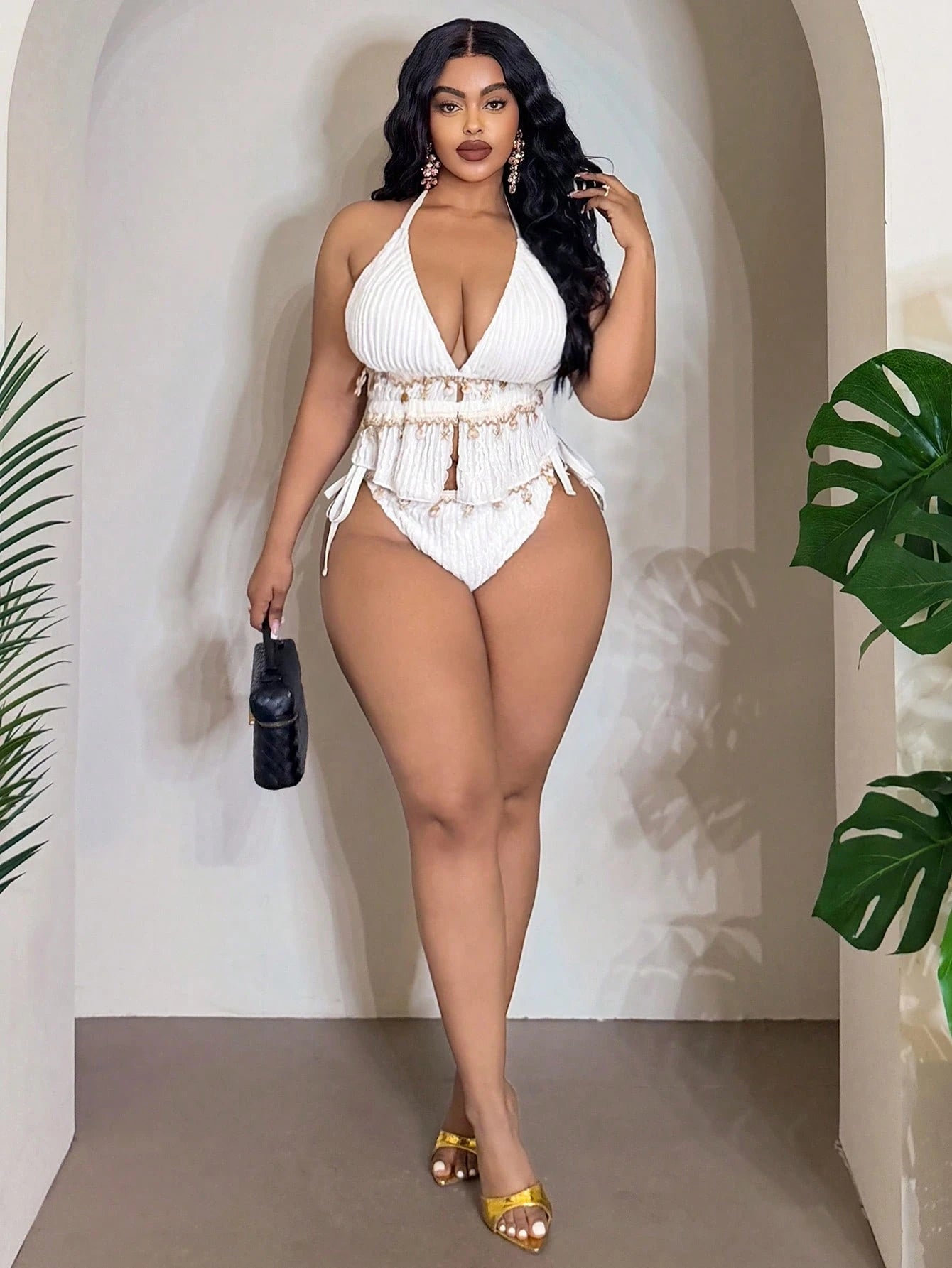 Slaydiva 2026 New Plus Size Women 2pcs/Set White Knitted Jacquard Halter Bikini,Drawstring Side Tie Triangle Bottoms Summer Beach Vacation Holiday Swimwear