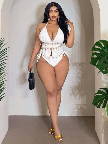 Slaydiva 2026 New Plus Size Women 2pcs/Set White Knitted Jacquard Halter Bikini,Drawstring Side Tie Triangle Bottoms Summer Beach Vacation Holiday Swimwear