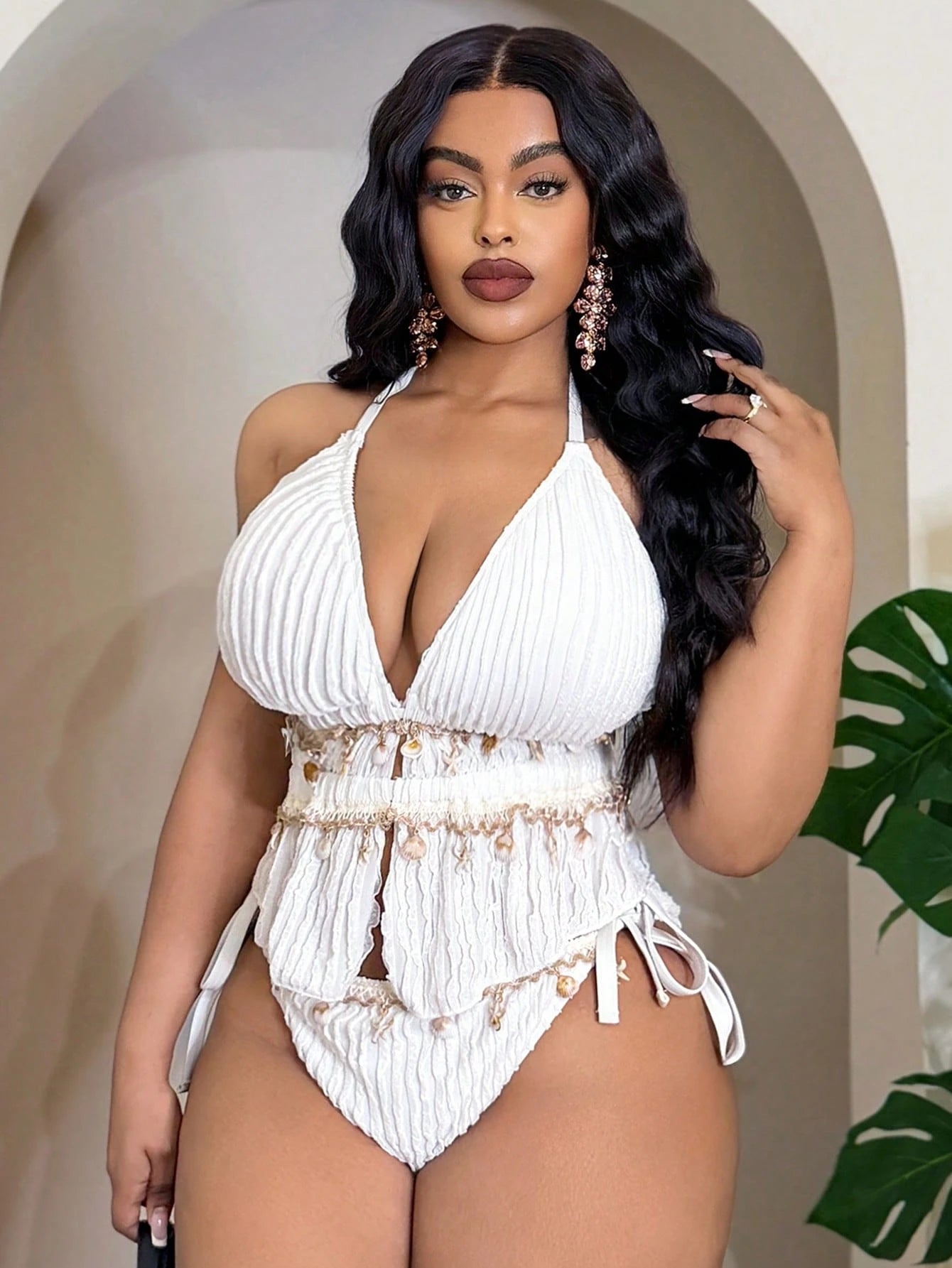 Slaydiva 2026 New Plus Size Women 2pcs/Set White Knitted Jacquard Halter Bikini,Drawstring Side Tie Triangle Bottoms Summer Beach Vacation Holiday Swimwear
