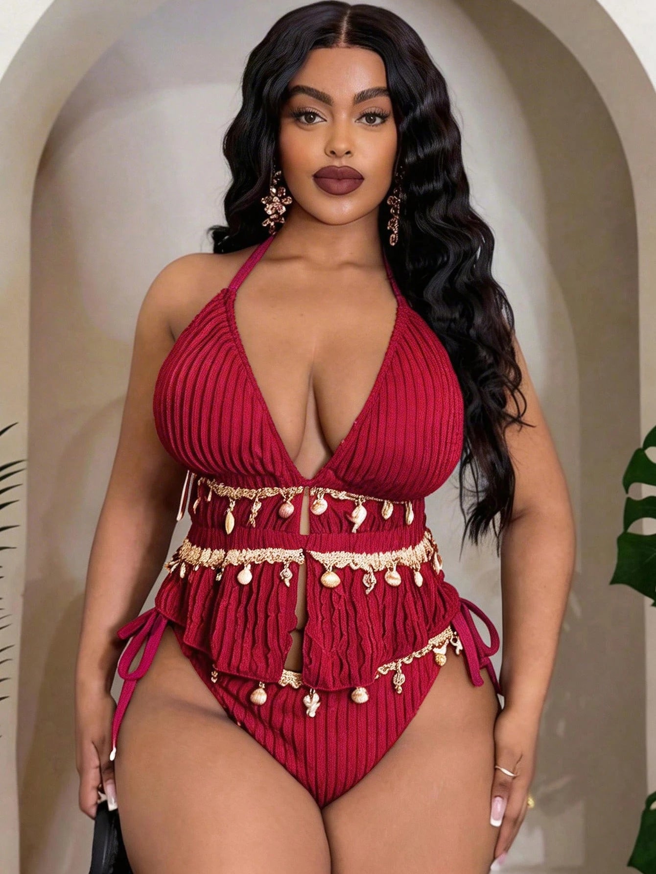 Slaydiva 2026 New Plus Size Women 2pcs/Set White Knitted Jacquard Halter Bikini,Drawstring Side Tie Triangle Bottoms Summer Beach Vacation Holiday Swimwear