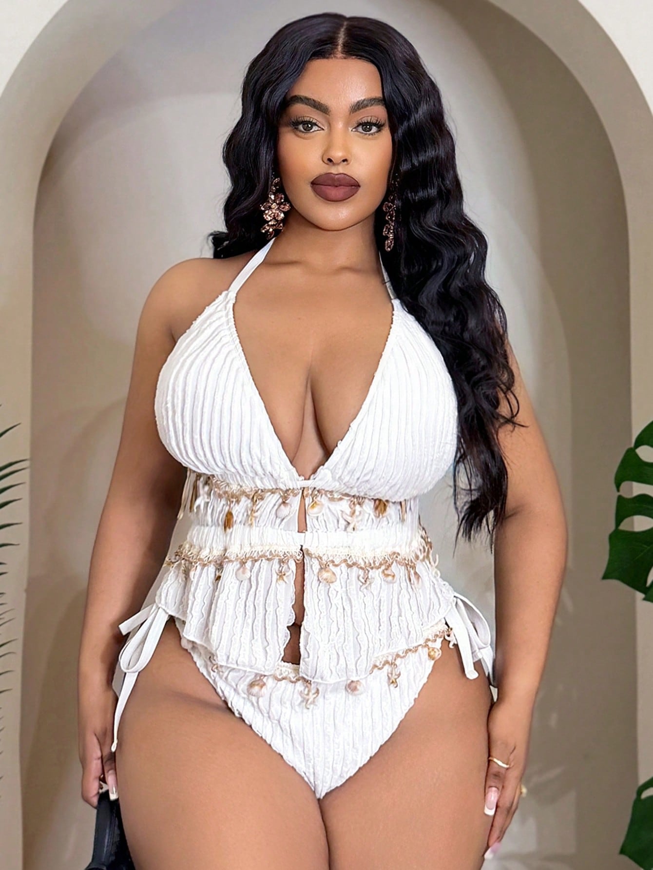 Slaydiva 2026 New Plus Size Women 2pcs/Set White Knitted Jacquard Halter Bikini,Drawstring Side Tie Triangle Bottoms Summer Beach Vacation Holiday Swimwear